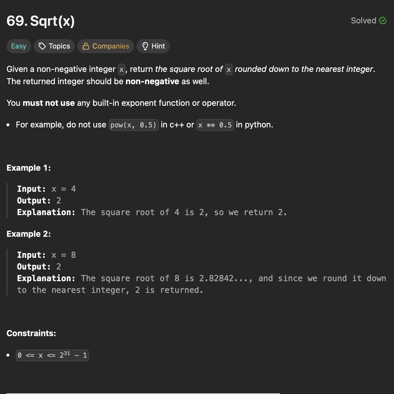 LC: 69: Sqrt(x)